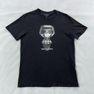 Karl Lagerfeld Shirt Mens Medium Black‎ Paris Cartoon Graphic Designer Tee Logo